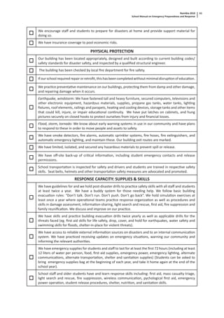 Namibia 2010
School Manual on Emergency Preparedness and Response
61
We encourage staﬀ and students to prepare for disasters at home and provide support material for
doing so.
We have insurance coverage to pool economic risks.
PHYSICAL PROTECTION
Our building has been located appropriately, designed and built according to current building codes/
safety standards for disaster safety, and inspected by a qualiﬁed structural engineer.
The building has been checked by local ﬁre department for ﬁre safety.
Ifourschoolrequiredrepairorretroﬁt,thishasbeencompletedwithoutminimaldisrup onofeduca on.
We prac ce preventa ve maintenance on our buildings, protec ng them from damp and other damage,
and repairing damage when it occurs.
Earthquake, windstorm: We have fastened tall and heavy furniture, secured computers, televisions and
other electronic equipment, hazardous materials, supplies, propane gas tanks, water tanks, ligh ng
ﬁxtures, roof elements, railings and parapets, hea ng and cooling devices, storage tanks and other items
that could kill, injure, or impair educa onal con nuity. We have put latches on cabinets, and hung
pictures securely on closed hooks to protect ourselves from injury and ﬁnancial losses.
Flood, storm, tornado: We know about early warning systems in use in our community and have plans
to respond to these in order to move people and assets to safety.
We have smoke detectors, ﬁre alarms, automa c sprinkler systems, ﬁre hoses, ﬁre ex nguishers, and
automa c emergency ligh ng, and maintain these. Our building exit routes are marked.
We have limited, isolated, and secured any hazardous materials to prevent spill or release.
We have oﬀ-site back-up of cri cal informa on, including student emergency contacts and release
permissions.
School transporta on is inspected for safety and drivers and students are trained in respec ve safety
skills. Seat belts, helmets and other transporta on safety measures are advocated and promoted.
RESPONSE CAPACITY: SUPPLIES & SKILLS
We have guidelines for and we hold post-disaster drills to prac ce safety skills with all staﬀ and students
at least twice a year. We have a buddy system for those needing help. We follow basic building
evacua on rules: “Don’t talk. Don’t run. Don’t push. Don’t go back”. We hold simula on exercises at
least once a year where opera onal teams prac ce response organiza on as well as procedures and
skills in damage assessment, informa on-sharing, light search and rescue, ﬁrst aid, ﬁre suppression and
family reuniﬁca on. We discuss and improve on our prac ce.
We have skills and prac ce building evacua on drills twice yearly as well as applicable drills for the
threats faced (eg. ﬁrst aid skills for life safety, drop, cover, and hold for earthquakes, water safety and
swimming skills for ﬂoods, shelter-in-place for violent threats).
We have access to reliable external informa on sources on disasters and to an internal communica on
system. We have prac ced receiving updates on emergency situa ons, warning our community and
informing the relevant authori es.
We have emergency supplies for students and staﬀ to last for at least the ﬁrst 72 hours (including at least
12 liters of water per person, food, ﬁrst aid supplies, emergency power, emergency ligh ng, alternate
communica ons, alternate transporta on, shelter and sanita on supplies) (Students can be asked to
bring emergency supplies bag at the beginning of each year, and take it home again at the end of the
school year).
School staﬀ and older students have and learn response skills including: ﬁrst aid, mass casualty triage,
light search and rescue, ﬁre suppression, wireless communica on, pychological ﬁrst aid, emergency
power opera on, student release procedures, shelter, nutri on, and sanita on skills.
 