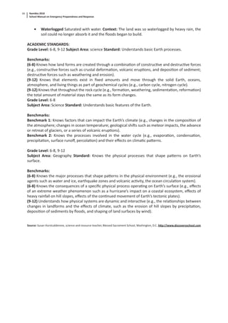 Namibia 2010
School Manual on Emergency Preparedness and Response
66
• Waterlogged Saturated with water. Context: The land was so waterlogged by heavy rain, the
soil could no longer absorb it and the ﬂoods began to build.
ACADEMIC STANDARDS:
Grade Level: 6-8, 9-12 Subject Area: science Standard: Understands basic Earth processes.
Benchmarks:
(6-8) Knows how land forms are created through a combina on of construc ve and destruc ve forces
(e.g., construc ve forces such as crustal deforma on, volcanic erup ons, and deposi on of sediment;
destruc ve forces such as weathering and erosion).
(9-12) Knows that elements exist in ﬁxed amounts and move through the solid Earth, oceans,
atmosphere, and living things as part of geochemical cycles (e.g., carbon cycle, nitrogen cycle).
(9-12) Knows that throughout the rock cycle (e.g., forma on, weathering, sedimenta on, reforma on)
the total amount of material stays the same as its form changes.
Grade Level: 6-8
Subject Area: Science Standard: Understands basic features of the Earth.
Benchmarks:
Benchmark 1: Knows factors that can impact the Earth’s climate (e.g., changes in the composi on of
the atmosphere; changes in ocean temperature; geological shi s such as meteor impacts, the advance
or retreat of glaciers, or a series of volcanic erup ons).
Benchmark 2: Knows the processes involved in the water cycle (e.g., evapora on, condensa on,
precipita on, surface runoﬀ, percola on) and their eﬀects on clima c pa erns.
Grade Level: 6-8, 9-12
Subject Area: Geography Standard: Knows the physical processes that shape pa erns on Earth’s
surface.
Benchmarks:
(6-8) Knows the major processes that shape pa erns in the physical environment (e.g., the erosional
agents such as water and ice, earthquake zones and volcanic ac vity, the ocean circula on system).
(6-8) Knows the consequences of a speciﬁc physical process opera ng on Earth’s surface (e.g., eﬀects
of an extreme weather phenomenon such as a hurricane’s impact on a coastal ecosystem, eﬀects of
heavy rainfall on hill slopes, eﬀects of the con nued movement of Earth’s tectonic plates).
(9-12) Understands how physical systems are dynamic and interac ve (e.g., the rela onships between
changes in landforms and the eﬀects of climate, such as the erosion of hill slopes by precipita on,
deposi on of sediments by ﬂoods, and shaping of land surfaces by wind).
Source: Susan Hurstcalderone, science and resource teacher, Blessed Sacrament School, Washington, D.C. h p://www.discoveryschool.com
 