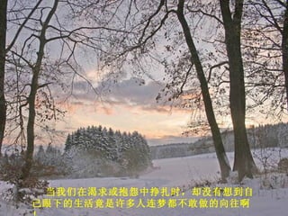 当我们在渴求或抱怨中挣扎时，却没有想到自己眼下的生活竟是许多人连梦都不敢做的向往啊！ 