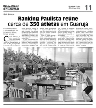 Diário Oficial
 GUARUJÁ
                                                                                                                             quarta-feira
                                                                                                                             10 de abril de 2013
                                                                                                                                                            11
tênis de mesa


            Ranking Paulista reúne
        cerca de 350 atletas em Guarujá
O Município sediou                Duque de Caxias, Tejereba. A          definido. Apesar da competição    com 77 pontos. As equipes da      Bernardo do Campo, Hoya-
                                  competição realizada pela Fede-       ser disputada na Baixada San-     Região ficaram com a sétima e     ma ressaltou a importância de
a primeira etapa do               ração Paulista de Tênis de Mesa       tista, quem ocupou as primeiras   décima colocações, com a Liga     competições como o Ranking
torneio no último                 (FPTM), com apoio da Prefeitura       colocações foram as equipes da    Santista de Tênis de Mesa e o     Paulista. “Hoje o tênis de mesa
fim de semana                     Municipal de Guarujá, por meio        Capital e do interior.            Estrela de Ouro/Santos FC, res-   é muito mais organizado que na




C
                                  da Secretaria de Esporte e Lazer,         Com 175 pontos no geral, a    pectivamente.                     época que comecei. Isso ajuda
         erca de 350 atletas de   reuniu os principais mesatenistas     equipe AAEC/Guarulhos foi a            A competição teve uma pre-   a formar mais atletas. Com um
         todo o estado de São     de São Paulo.                         grande vencedora desta primeira   sença ilustre: Hugo Hoyama,       campeonato como este, que re-
         Paulo participaram           A etapa guarujaense da com-       etapa, com grande vantagem na     maior nome do esporte no Bra-     úne desde os atletas mais jovens
         da primeira etapa do     petição foi a primeira de três, que   pontuação em cima do segundo      sil, detentor de 15 medalhas em   aos mais velhos, damos chance
Torneio do Ranking Paulista de    classificam para o Campeonato         colocado, CTM Jacareí, com        Jogos Pan-Americanos, sendo       para o esporte crescer cada vez
Tênis de Mesa, no último fim      Paulista, que deverá ser disputa-     88 pontos. A terceira colocação   dez de ouro. Atualmente técnico   mais, com o surgimento de novos
de semana, no Centro Esportivo    do em outubro, ainda sem local        ficou com São Caetano do Sul,     da equipe do Palmeiras/São        talentos”, ressaltou.




                                                                                                                                                                               Pedro Rezende
 