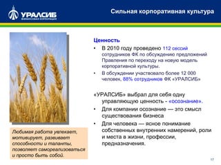 Ценность
• В 2010 году проведено 112 сессий
сотрудников ФК по обсуждению предложений
Правления по переходу на новую модель
корпоративной культуры.
• В обсуждении участвовало более 12 000
человек, 88% сотрудников ФК «УРАЛСИБ»
«УРАЛСИБ» выбрал для себя одну
управляющую ценность - «осознание».
• Для компании осознание — это смысл
существования бизнеса
• Для человека — ясное понимание
собственных внутренних намерений, роли
и места в жизни, профессии,
предназначения.
Сильная корпоративная культура
17
Любимая работа увлекает,
мотивирует, развивает
способности и таланты,
позволяет самореализоваться
и просто быть собой.
 