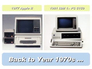 1977 Apple II   1981 IBM 1st PC 5150




Back to Year 1970s ...
 