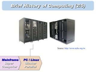 Brief History of Computing (2/5)




                         Source: http://www.nchc.org.tw




Mainframe   PC / Linux
 Super       Cluster
Computer    Parallel
 