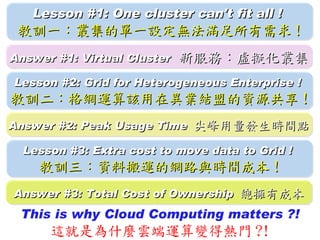 Lesson #1: One cluster can't fit all !
 教訓一：叢集的單一設定無法滿足所有需求 !
Answer #1: Virtual Cluster   新服務：虛擬化叢集
Lesson #2: Grid for Heterogeneous Enterprise !
教訓二：格網運算該用在異業結盟的資源共享 !
Answer #2: Peak Usage Time 尖峰用量發生時間點

  Lesson #3: Extra cost to move data to Grid !
    教訓三：資料搬運的網路與時間成本 !
Answer #3: Total Cost of Ownership 總擁有成本
 This is why Cloud Computing matters ?!
      這就是為什麼雲端運算變得熱門 ?!
 