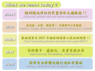 What we learn today ?

WHAT
           隨時隨地用任何裝置存取各種服務 !!
          Accessing services with any device anytime anywhere!!


            亞馬遜、谷歌、微軟等 ! 什麼都可以是服務 ~
WHO    Amazon, Google, Microsoft and more! Everything as a Service!


        雲端運算是 2007 年繼格網運算之後的新趨勢 !!
WHEN      Cloud Computing become new trend since year 2007 !!



WHY
             資料集中、虛擬化、異業資源共享
               Data-intensive, Virtualization, Heterogeneous



HOW
               採用自由軟體也能打造私有雲端
            Hadoop, Sectore/Sphere, Eucalyptus, and more ....
 