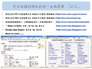 更多相關的開放教材－生物叢集、 GAE...

•   陽明生資所 97 年度暑期學分班 格網及平行運算 ( 實驗課程 ) http://trac.nchc.org.tw/course/

•   陽明生資所 98 年度暑期學分班 格網及平行運算 ( 實驗課程 ) http://bio.classcloud.org

•   雲端運算基礎課程 ( 一 ) Hadoop 簡介、安裝與範例實作　 http://www.classcloud.org/media/

•   「 Ruby on Rails 初學」電子書 by 鄭立竺           http://nchcrails.blogspot.com

•   Google App Engine 電子書 by 鄭宗碩            http://nchc-gae.blogspot.com/

•   More to come ......
 