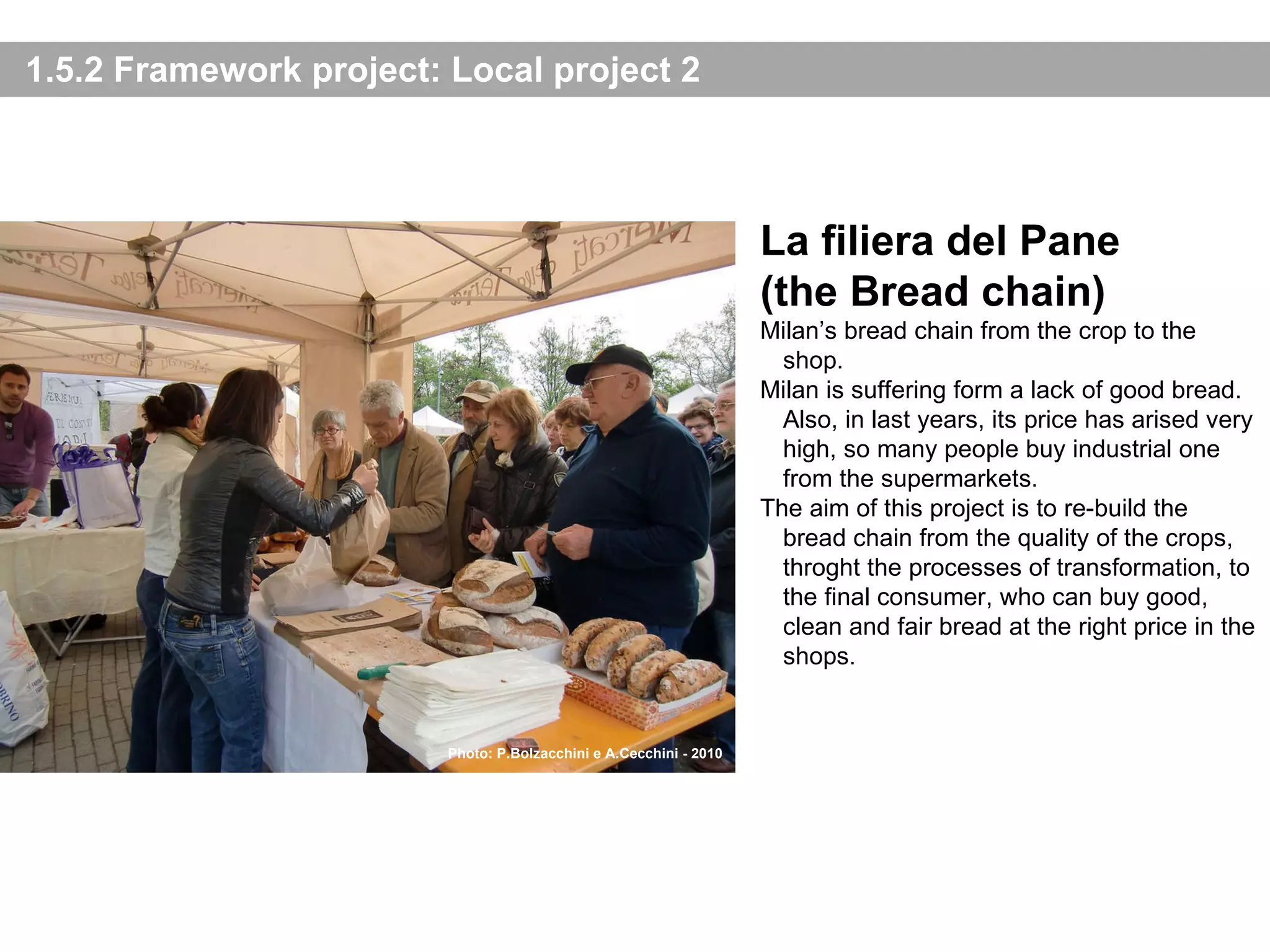 1.5.2 Framework project: Local project 2 La filiera del Pane (the Bread chain) Milan’s bread chain from the crop to the shop. Milan is suffering form a lack of good bread. Also, in last years, its price has arised very high, so many people buy industrial one from the supermarkets. The aim of this project is to re -build the bread chain from the quality of the crops, throght the processes of transformation, to the final consumer, who can buy good, clean and fair bread at the right price in the shops. Photo: P.Bolzacchini e A.Cecchini - 2010 