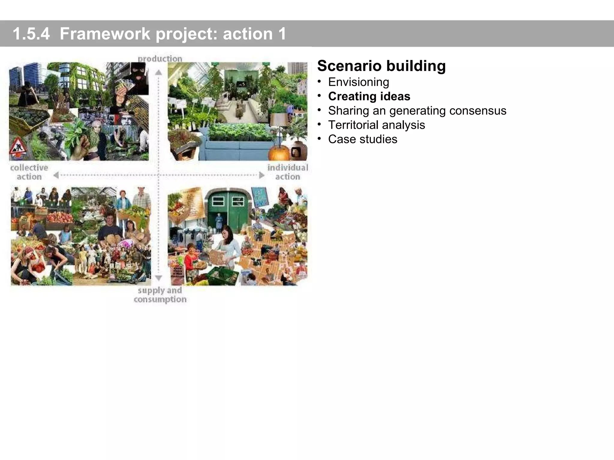 1.5.4  Framework project: action 1 Scenario building Envisioning Creating ideas Sharing an generating consensus Territorial analysis Case studies 