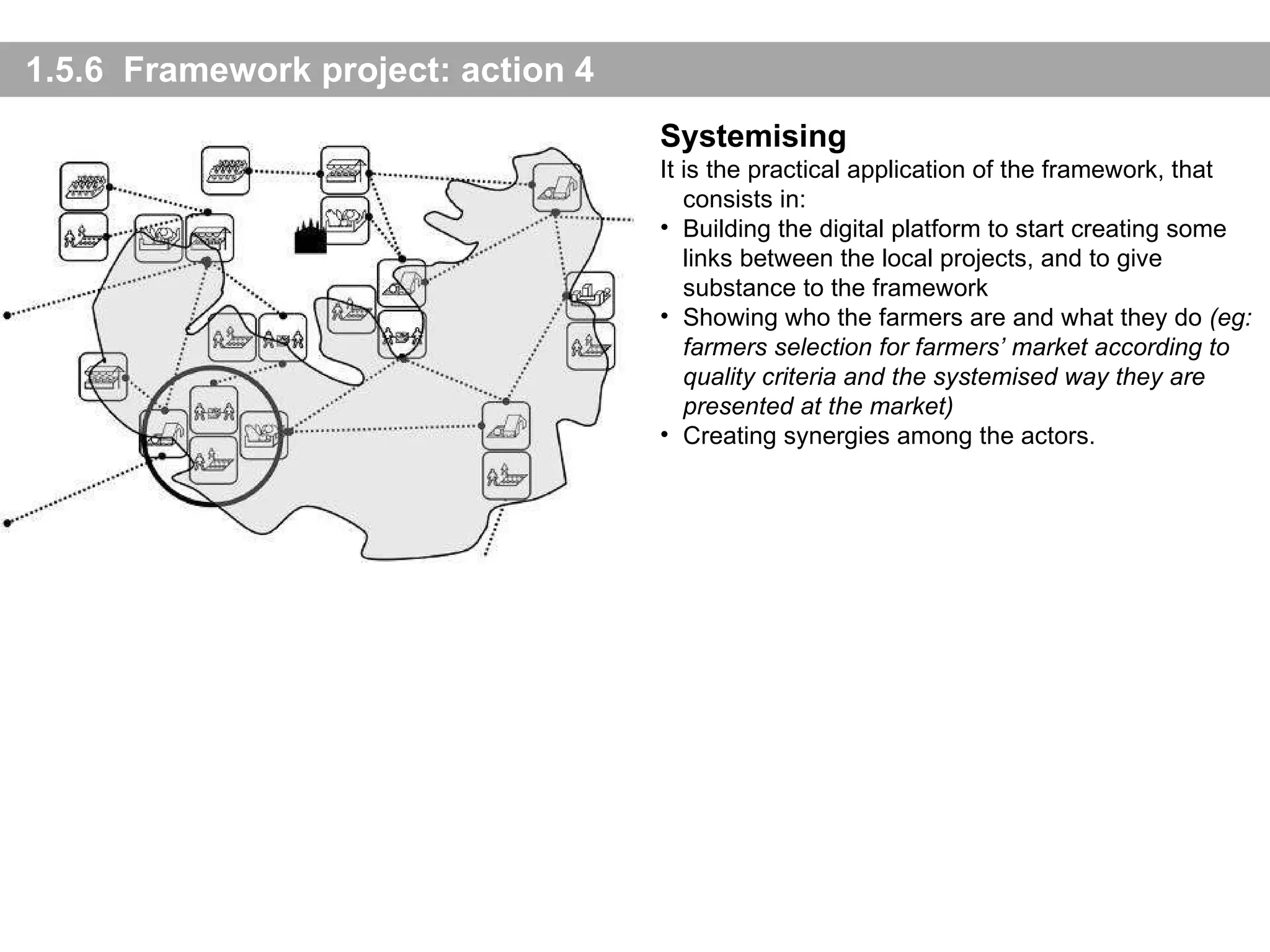 1.5.6  Framework project: action 4 Systemising It is the practical application of the framework, that consists in: Building the digital platform to start creating some links between the local projects, and to give substance to the framework Showing who the farmers are and what they do  (eg :  farmers selection for farmers’ market according to quality criteria   and the systemised way they are presented at the market) Creating synergies among the actors. 