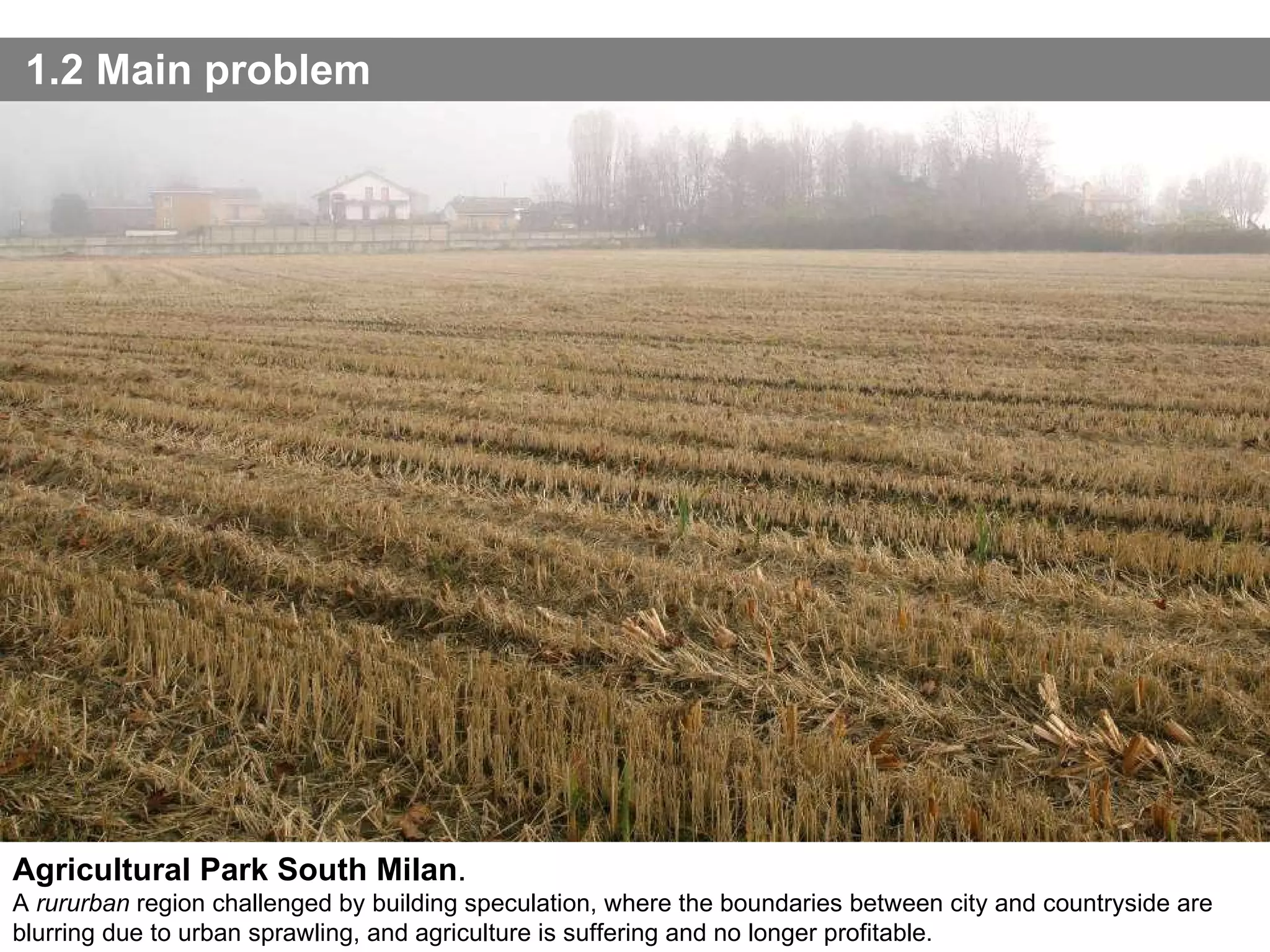 1.2 Main problem Agricultural Park South Milan . A  rururban  region challenged by building speculation, where the boundaries between city and countryside are blurring due to urban sprawling, and agriculture is suffering and no longer profitable. 