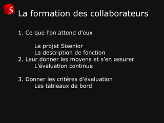 La formation des collaborateurs 1. Ce que l’on attend d’eux Le projet Sisenior La description de fonction 2. Leur donner les moyens et s’en assurer L’évaluation continue 3. Donner les critères d’évaluation Les tableaux de bord 