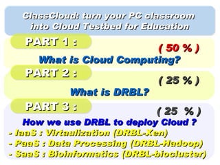 ClassCloud: turn your PC classroom
   into Cloud Testbed for Education
   PART 1 :
                          ( 50 % )
      What is Cloud Computing?
   PART 2 :
                               ( 25 % )
            What is DRBL?
   PART 3 :                   ( 25 % )
    How we use DRBL to deploy Cloud ?
- IaaS : Virtaulization (DRBL-Xen)
- PaaS : Data Processing (DRBL-Hadoop)
- SaaS : Bioinformatics (DRBL-biocluster)
 