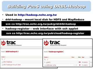 Building PaaS using DRBL-Hadoop
• Used in http://hadoop.nchc.org.tw
• drbl-hadoop – mount local disk for HDFS and MapReduce
  svn co http://trac.nchc.org.tw/pub/grid/drbl-hadoop
• hadoop-register – web interface with ssh applet
  svn co http://trac.nchc.org.tw/pub/cloud/hadoop-register
 