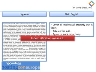 Company will indemnify, defend and hold harmless Customer, its affiliates, directors, officers, employees and agents (collectively, the “Customer Group”) from and against all Losses asserted against, resulting to, imposed upon or incurred by the Customer Group (or any member thereof) to the extent arising from (i) any personal injury, death or physical damage to, or loss or theft of, tangible personal property caused by the gross negligence or willful misconduct of Company or its employees, agents or subcontractors, or (ii) allegations that the Services (excluding any third party components) directly infringe a patent issued under the laws of a country in which the Services are actually provided to Customer; provided, however, that, in addition to the foregoing indemnification, Company’s sole and exclusive liability with respect to this Section 1, and Customer’s sole and exclusive remedy with respect to this Section 1, is limited to Company making the Services non-infringing or arranging for Customer’s continued use of the Services by license or otherwise, but if either of the foregoing options are commercially impracticable for Company, in Company’s sole discretion, upon written notice to Customer, Company may cancel the directly affected Services, refund to Customer any prepaid fees for such cancelled Services and, if applicable, adjust Customer’s ongoing monthly fees for the continuing Services to account for such cancelled Services. Notwithstanding anything to the contrary in this Section 1, Company will have no indemnification obligation to Customer under this Section 1 for any infringement arising from (A) an unauthorized modification of the Services by Customer, (B) Customer’s combination of the Services with any intellectual property not developed or owned by Company if the Services would have avoided the infringement but for such combination by Customer, or (C) Customer’s failure to install updates, patches or other similar items provided by Company or the licensor of the intellectual property that is the subject of such a claim. 
Legalese 
Plain English 
• 
Cover all intellectual property that is yours. 
• 
Take up the suit. 
• 
Agree to work proactively 
Indemnification means it.  
