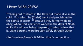 1 Peter 3:18b-20 ESV
18b being put to death in the flesh but made alive in the
spirit, 19 in which he (Christ) went and proclaimed to
the spirits in prison, 20 because they formerly did not
obey, when God's patience waited in the days of Noah,
while the ark was being prepared, in which a few, that
is, eight persons, were brought safely through water.
•Let’s review Genesis 6:5-8 for Noah’s connection.
 