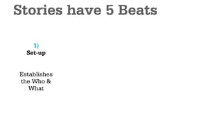 Stories have 5 Beats

    1)
  Set-up


Establishes
the Who &
   What
 