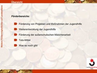 Übersicht Förderbereiche: Weitere Fördermöglichkeiten auf Landesebene Weiterentwicklung der Jugendhilfe Förderung von Projekten und Maßnahmen der Jugendhilfe Förderung der außerschulischen Mädchenarbeit Toto-Mittel Was es noch gibt 