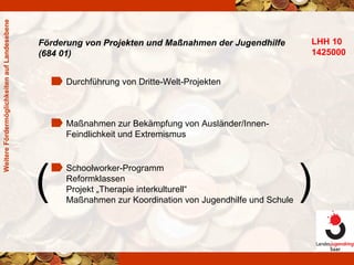 Förderung von Projekten und Maßnahmen der Jugendhilfe (684 01) Weitere Fördermöglichkeiten auf Landesebene LHH 10 1425000 Durchführung von Dritte-Welt-Projekten Maßnahmen zur Bekämpfung von Ausländer/Innen-Feindlichkeit und Extremismus Schoolworker-Programm Reformklassen Projekt „Therapie interkulturell“ Maßnahmen zur Koordination von Jugendhilfe und Schule ( ) 