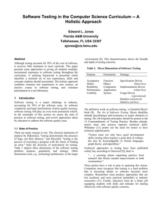 Software Testing in the Computer Science Curriculum -- A
                             Holistic Approach

                                                   Edward L. Jones
                                               Florida A&M University
                                             Tallahassee, FL USA 32307
                                                ejones@cis.famu.edu



Abstract                                                          environment [8]. This characterisation shows the breadth
Although testing accounts for 50% of the cost of software,       and depth of testing concerns.
it receives little treatment in most curricula. This paper
presents some approaches to giving all students multiple,          Table 1. Three Dimensions of Software Testing
incremental exposures to software testing throughout the
curriculum. A unifying framework is presented which                Purpose         Granularity     Strategy
identifies a minimal set of test experiences, skills and
concepts students should accumulate. The holistic approach         Acceptance      Function        Specification Driven
combines common test experiences in core courses, an               Defect          Object                        (black box)
elective course in software testing, and volunteer                 Reliability     Component       Implementation Driven
participation in a test laboratory.                                Performance     Application                   (white-box)
                                                                   Usability       System          Usage Driven
                                                                                                               (operational)
1   Introduction                                                                                   Random (statistical)
Software testing is a major challenge in industry,                                                 Intuitive (ad hoc)
accounting for 50% of the software costs. As software
complexity and legal ramifications of poor quality increase,     The definitive work on software testing is Glenford Myers'
software testing will play an even more prominent role[9].       book [8], The Art of Software Testing. Myers identifies
In the remainder of this section we assess the state of          attitude (psychology) and economics as major obstacles to
practice in software testing, and review approaches taken        testing. His oft-forgotten principles should be posted as the
by educators to address the software quality issue.              13 Commandments of Testing Practice. Besides attitude,
                                                                 testers must also possess superior technical skills.
1.1 State of Practice                                            Whittaker [11] points out the need for testers to have
                                                                 technical sophistication:
There are many reasons to test. The classical statements of
purpose by Dijkstra[2], "testing demonstrates the presence          "Testers must not only have good development
of bugs, not their absence," and Myers[8], "testing is the          skills--testing often requires a great deal of coding--
process of executing a program with the intent of finding           but also be knowledgeable in formal languages,
an error," belie the diversity of motivations for testing.          graph theory, and algorithms."
Table 1 depicts three dimensions of the software testing         Technical approaches to testing have been published
problem: purpose, granularity and strategy. Other                widely but, according to Osterweil [9], there is
dimensions exist, e.g., technology/architecture, or the target      "… a yawning chasm separating practice from
                                                                    research that blocks needed improvements in both
                                                                    communities."
                                                                 Three parties have a role to play to spanning this chasm.
                                                                 Companies must recognize that testing is a hard problem
                                                                 that is becoming harder as software becomes more
                                                                 complex. Researchers must produce approaches that are
                                                                 less academic and more practical (palatable) to industry
                                                                 consumers [11]. Finally, educators must do a better job
                                                                 equipping students with skills and attitudes for dealing
                                                                 effectively with software quality concerns.
 