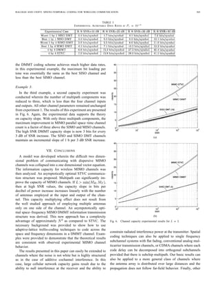 364                                                                              IEEE TRANSACTIONS ON COMMUNICATIONS, VOL. 46, NO. 3, MARCH 1998



                                                                                 SIMO DMT channels are also computed. The transmitter
                                                                                 power penalty associated with transmitting the cyclic preﬁx11
                                                                                 is accounted for in the DMMT capacity results. Mean channel
                                                                                 capacity per symbol12 as a function of mean SNR13 per symbol
                                                                                 is plotted for each of the test cases.
                                                                                    The experimental results are in strong agreement with
                                                                                 Corollaries 1 and 2. For large SNR values, a 3-dB increase in
                                                                                 SNR results is a 4-bit increase in STVC channel capacity while
                                                                                 the SISO [Fig. 5(a)] and SIMO [Fig. 5(b)] DMT channels only
                                                                                 increase by 1 bit. This capacity slope multiplier corresponds
                                                                                 to the fourfold increase in spatial channel water-ﬁlling dimen-
                                                                                 sions associated with four channel inputs and four channel
                                                                                 outputs. At all SNR values the DMMT channel capacity is
                                                                                 signiﬁcantly higher than the capacity of any of the SISO and
                                                                                 SIMO DMT channels. The STVC channel capacity is slightly
                                                                                 higher than the DMMT channel capacity. The difference is
                                                                                 essentially equal to the transmitted power penalty associated
                                     (a)                                         with the cyclic preﬁx.

                                                                                 Example 2:
                                                                                    In the second example the same experimental channels
                                                                                 described above are used again. The channels were evaluated
                                                                                 for achievable data rates using the coding gap             dB)
                                                                                 for a well-known eight-dimensional trellis code applied across
                                                                                 space and frequency (time) subchannels. The results of the
                                                                                 second experiment are presented in Table I. The experimental
                                                                                 values for reliable data rate follow the same trends that were
                                                                                 observed in the capacity experiments. The DMMT channel bit
                                                                                 rate is much higher than all of the SIMO and SISO DMT
                                                                                 channels. The high SNR DMMT data rate slope is again 4
                                                                                 bits per 3 dB SNR increase while the SIMO DMT and SISO
                                                                                 DMT channels exhibit a slope of 1 bit per 3 dB increrase.
                                                                                    The experimental SISO multipath channels, with 300 kHz
                                                                                 channel spacing, would support data rates ranging from 1.7 to
                                                                                 6.0 b/symbol period, or 0.34 to 1.20 Mb/s, at a mean SNR
                                     (b)
                                                                                 of 20 dB. This results in a data transmission efﬁciency from
Fig. 5. Channel capacity experimental results for L    = 10:                     1.1 to 4.0 b/s/Hz. When combined into a DMMT structure,
                                                                                 these same underlying SISO channels with the same frequency
each path are drawn from uniform distributions centered at                       bandwidth and transmitter power will support a data rate
0 with an rms angle spread of 25 The path amplitudes                             of 14.7 b/symbol period, or 2.94 Mb/s, for an efﬁciency of
    are generated from a complex Gaussian distribution. The                      9.8 b/s/Hz.
pulse shaping function      is raised cosine with 5- symbol                         It may at ﬁrst seem impractical to transmit an average of
period10 and rolloff factor 0.35. The pulse function duration                    15 b/symbol due to the limits of practical constellation sizes.
is seven symbol periods and the lag              Each antenna                    However, the DMMT data for each DFT bin is spread over
array contains four elements in a linear arrangement with an                     four orthogonal spatial subchannel dimensions. This reduces
interelement spacing of ﬁve carrier frequency wavelengths.                       the peak number of bits per tone that must be transmitted over
Each element has an omnidirectional radiation pattern. The                       any single subchannel. With a mean SNR of 20 dB, the peak
number of transmitted symbols per block is 64. The receiver                      experimental data load for any single DMMT space–frequency
noise for each antenna element is complex AWGN.                                  subchannel is 7.2 b. The maximum data load for the best
   The capacity of the 4 4 STVC channel is compared to the                       DMT SISO subchannel is 6.9 b and the maximum load for
capacity of the 4 4 DMMT channel in Fig. 5. To provide                           the best DMT SIMO subchannel is 8.1 b. Thus, even though
a reference for capacity improvement, the capacity values                          11 The requirement to transmit the cyclic preﬁx results in an equivalent
for all 16 1 1 SISO DMT subchannels are computed. To                             DMMT transmission power of PT 1 N=(N +  ):
provide another comparison, the capacity values for all 4 1                        12 Mean capacity per symbol period is deﬁned here as the total channel
                                                                                 capacity in bits for all parallel channels over the entire block, divided by N:
   10 This pulse shape is consistent with certain existing personal communica-     13 Mean SNR per symbol is computed by averaging over all of the squared
tion services (PCS) wireless modulation schemes intended for wireless local      channel singular values for all of the 16 SISO DMT channels and then
loop applications.                                                                                                 2
                                                                                 multiplying by the ratio PT =n (see footnote 4).
 