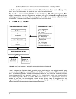 The Second International Conference on Innovation in Information Technology (IIT’05)

results. In section 5, we conclude with a discussion of the implications of our results and usage of the
scales, review the limitations of our study, and offer some concluding thoughts.
We conducted a cross-disciplinary literature review encompassing BPR, Change management, MIS,
strategic management, innovation diffusion, and operations to develop a framework, construct definitions,
and item generation for this study. This process yielded the baseline model depicted and a set of initial
measurement scales for twelve theoretically important critical success factors.

2.    MODEL DEVELOPMENT


    ERP Implementation Process                        Implementation CSFs

                                                      Project Management
           Analysis                                   Process redesign
                                                      User training
                                                      Technological infrastructure
           Investiture                                Change management.
                                                      Risk Management
                                                      Top management support
         Final Preparation                            Communication
                                                      Team work
                                                      User involvement
           Go Live                                    Use of consultant
                                                      Clear goals and objectives



     Implementation Success




     Project             Business
    Outcomes             Outcomes


Figure 1: Enterprise Resource Planning Systems implementation framework.


Figure 1 illustrates the conceptual model developed for this study. Drawing from multiple literature bases,
we introduced an integrative, conceptual framework of what we call “integrated ERP implementation,”
which is comprised of a set of theoretically important constructs. This framework has been developed
based on the project life cycle approach, in which the ERP implementation project goes through different
phases before it goes live. There are number of factors that affect the ERP implementation process are
termed in this study as implementation critical success factors. Upon the completion of ERP
implementation project, performance is measured by a mix of project outcomes and the project and
business outcomes (intended business performance improvement).




2
 