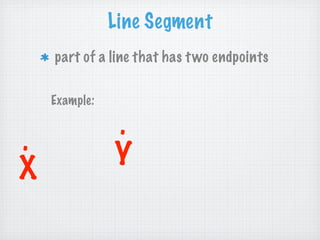 Line Segment
    part of a line that has t wo endpoints

    Example:

               .
.              Y
X
 