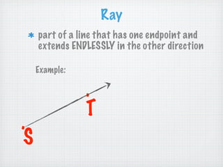 Ray
     part of a line that has one endpoint and
     extends ENDLESSLY in the other direction

     Example:

                .
                T
.
 S
 