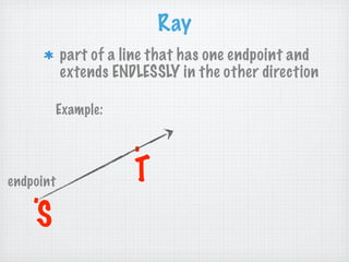 Ray
           part of a line that has one endpoint and
           extends ENDLESSLY in the other direction

           Example:

                      .
endpoint              T
    .
     S
 