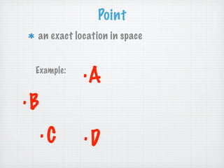Point
 an exact location in space


 Example:   .A
.B
     .C     .D
 