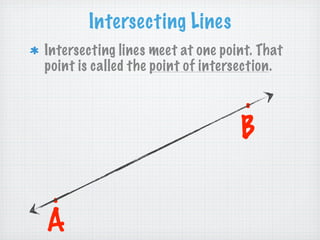 Intersecting Lines
Intersecting lines meet at one point. That
point is called the point of intersection.

                                  .
                                  B

.
A
 