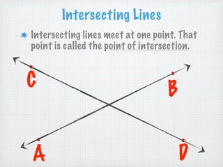 Intersecting Lines
Intersecting lines meet at one point. That
point is called the point of intersection.
.                                 .
C                                 B

.                                     .
A                                     D
 