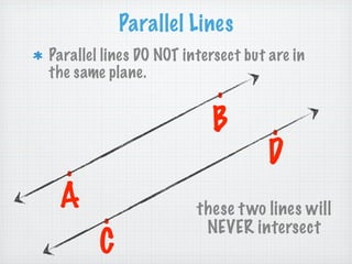 Parallel Lines
Parallel lines DO NOT intersect but are in
the same plane.
                          .
                          B        .
 .                                 D
 A
        .               these t wo lines will
                         NEVER intersect
        C
 