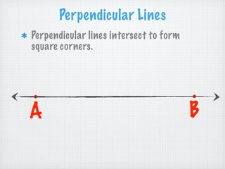Perpendicular Lines
Perpendicular lines intersect to form
square corners.



.                                       .
A                                       B
 