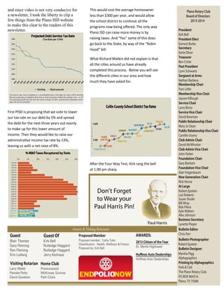 Guests & Visiting Rotarians
Plano Rotary Club
Board of Directors
2013-2014
President
Kirk Bell
President Elect
Earnest Burke
Secretary
Karla Oliver
Treasurer
Ben Criste
Past President
Lynn Schwartz
Sergeant at Arms
Nathan Barbera
Membership Chair
Pam Little
MembershipVice Chair
Jayson Killough
Service Chair
Larry Bisno
ServiceVice Chair
David Bowman
Public Relationship Chair
Mary Jo Dean
Public RelationshipVice Chair
Camille Ussery
Club Admin Chair
David McWhorter
Club AdminVice Chair
John Parker
Foundation Chair
Gary Basham
Foundation Vice Chair
Alan Feigenbaum
New Generation Chair
Rick Horne
Business Secretary
Lynette Pieper
Bulletin Editor
Chris Parr
At Large
Robert Epstein
Lori Roberts
Susan Shuler
Bill Wray
Bob Pikna
Kyle Walters
Alex Johnson
Bulletin Photographer
Bulletin Designer
Alphagraphics
Printing by Alphagraphics
Park & Coit
The Plano Rotary Club
PO BOX 864316
Plano,TX 75086
Marsha Pigg
Robert Epstein
AWARDS:
Huffines Auto Dealerships
Hufﬁnes Auto Dealerships
2013 Citizen of the Year
Dr. Myrtle Hightower
Proposed Member
Proposed member: Cathy Tyler
Classiﬁcation: Health, Wellness & Fitness
Proposed by: Kirk Bell
Blair Thomas Kirk Bell
Gary Fleming Rutledge Haggard
Ron Fleming Rutledge Haggard
Kim Ludwig Jerry Kezhaya
Guest OfGuest
Larry Webb Prestonwood
Pamela Petty McKinney Sunrise
David Goodson Park Cities
Visiting Rotarian Home Club
and since video is not very conducive for
a newsletter, I took the liberty to clip a
few things from the Plano ISD website
to make this clear to the readers of this
newsletter.
First PISD is proposing that we vote to lower
our tax rate on our debt by 5% and spread
the debt for the next three years out evenly
to make up for this lower amount of
income. Then they would like to raise our
administrative income tax rate by 13%,
leaving us with a net raise of 8%.
This would cost the average homeowner
less than $300 per year, and would allow
the school district to continue all the
programs now being oﬀered. The only way
Plano ISD can raise more money is by
raising taxes. And “Yes” some of this does
go back to the State, by way of the “Robin
Hood” bill.
What Richard Matkin did not explain is that
all the cities around us have already
completed this process. Below you will see
the diﬀerent cities in our area and how
much they have asked for.
After the Four Way Test, Kirk rang the bell
at 1:00 pm sharp.
Don't Forget
to Wear your
Paul Harris Pin!
Paul Harris
 