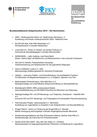 Bundeswettbewerb Aidsprävention 2010 – Die Nominierten


     AIDS – Muttersprachler klären auf, Stadtmission Nürnberg e. V
     Ausbildung und Einsatz muttersprachlicher AIDS - Referent/-innen

     Be ON with Aids, Aids-Hilfe Wiesbaden e.V.
     Onlineprävention in sozialen Netzwerken

     Lovemobil 2.0 - Sicher im Verkehr, pro familia Freiburg e.V.
     Aufsuchende Sexualpädagogik in sozialen Brennpunkten

     DARKANGEL – safer clubbing, manCheck Berlin
     Sticker „Safe tonight“ als Bekenntnis und Markenzeichen in der schwulen Clubszene

     Gib Acht im Verkehr, Polizeidirektion Künzelsau
     Verkehrserziehung und Aidsprävention für die jugendliche Zielgruppe

     Have a LOOK(S)!, Looks e.V., Köln
     Mehrsprachige Aufklärungsarbeit für männliche Prostituierte

     Helpline – anomyme Telefon- und Internetberatung, Universitätsklinik Frankfurt
     Für Menschen mit Migrationshintergrund u.a. in Englisch, Spanisch und Thai

     Multimediales Präventionsquiz, Aids-Hilfe Bonn e.V.
     Niedrigschwellige und unterhaltsame Wissensvermittlung zur Sexualaufklärung

     Modellprojekt GEMO, DRK-Landesverband Baden
     Gesundheitsförderung und HIV/AIDS-Prävention für Menschen aus Osteuropa

     Niedrigschwellige HIV- und STI-Beratungs- und Testpraxis, Checkpoint – Aidshilfe Köln
     e.V.
     Anonyme HIV-und STI- Beratungs- und Testangebot mit individueller Präventionsberatung

     Peer-Educator-Projekt, Lebenswandel e.V., Mannheim
     Ausbildung von Jugendlichen zu Experten in der Aidsprävention und Sexualaufklärung

     Projekt "MoVe", Verein zur Förderung der Drogenhilfe e.V. Münster
     Mobile Versorgung wohnungsloser und/oder drogengebrauchender Menschen

     Schülerzeitungsredakteure als Peer-Präventions-Akteure, Berliner Aids-Hilfe e.V.
     Schülerzeitungen als Instrument für Präventionsarbeit

     Werde LOVE SEX SAFE - Boy oder Girl, Katte e.V., Potsdam
     Netzwerkprojekt mit zielgruppenspezifischer Prävention und Beratung für Jugendliche
 