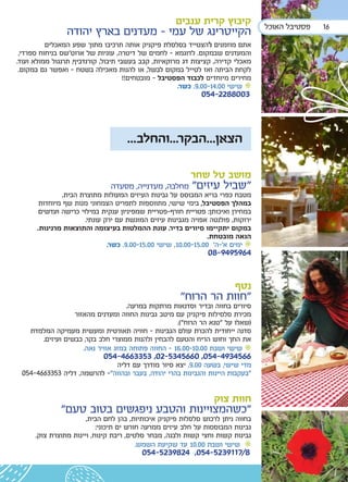 ‫קיבוץ קרית ענבים‬             ‫פסטיבל האוכל‬   ‫61‬
                ‫הקייטרינג של עמי - מעדנים בארץ יהודה‬
          ‫אתם מוזמנים להצטייד בסלסלת פיקניק אותה תרכיבו מתוך שפע המאכלים‬
 ‫והמעדנים שבמקום. לדוגמא - לחמים של דיטרה, עוגיות של ארוט’שס בניחוח ספרדי,‬
‫מאכלי קדירה, קציצות דג מרוקאיות, קבב בעשבי תיבול, קורנדביף, תרנגול ממולא ועוד.‬
 ‫לקחת הביתה ואז לטייל במקום לבשל, או להנות מאכילה בשטח - ואפשר גם במקום.‬
                                      ‫מחירים מיוחדים לכבוד הפסטיבל - מובטחים!!‬
                                                       ‫• שישי 00.41-00.9. כשר.‬
                                                             ‫3008822-450‬



                                    ‫הצאן...הבקר...והחלב...‬

                                                         ‫מושב טל שחר‬
                                 ‫"שביל עיזים" מחלבה, מעדנייה, מסעדה‬
               ‫מטבח כפרי בריא המבוסס על גבינות העיזים המעולות מתוצרת הבית.‬
       ‫במהלך הפסטיבל, בימי שישי, מתווספות לתפריט הצמחוני מנות שף מיוחדות‬
      ‫במחירן ואיכותן: פטריית חורף-פטריית שמפיניון ענקית במילוי כרישה ועדשים‬
                       ‫ירוקות, פולנטה אפויה מגבינות עיזים המוגשת עם ירק עונתי.‬
      ‫במקום יתקיימו סיורים בדיר. עונת ההמלטות בעיצומה והתוצאות מרנינות.‬
                                                                 ‫הנאה מובטחת.‬
                               ‫• ימים א’-ה’ 00.51-00.01, שישי 00.51-00.9. כשר.‬
                                                               ‫4695949-80‬


                                                                        ‫נטף‬
                                                      ‫“חוות הר הרוח”‬
                                    ‫סיורים בחווה ובדיר וסדנאות מרתקות במרעה.‬
                  ‫מכירת סלסילות פיקניק עם מיטב גבינות החווה ומעדנים מהאזור‬
                                                    ‫(שאלו על ”טנא הר הרוח”).‬
    ‫סדנה ייחודית להכרת עולם הגבינות - חוויה תאורטית ומעשית מעמיקה המלמדת‬
       ‫את החך וחוש הריח והטעם להבחין ולהנות ממוצרי חלב בקר, כבשים ועיזים.‬
                     ‫• שישי ושבת 00.01-00.61 - החווה פתוחה במזג אוויר נאה.‬
                            ‫6654394-450, 0665435-20, 3533664-450‬
                             ‫מדי שישי, בשעה 00.9, יצא סיור מודרך עם דליה‬
 ‫“בעקבות היינות והגבינות בהרי יהודה, בעבר ובהווה”- להרשמה, דליה 3533664-450‬

                                                                 ‫חוות צוק‬
              ‫"כשהמצויינות והטבע ניפגשים בטוב טעם"‬
                       ‫בחווה ניתן לרכוש סלסלות פיקניק איכותיות, בהן לחם הבית,‬
                           ‫גבינות המבוססות על חלב עיזים ממרעה חורש ים תיכוני:‬
      ‫גבינות קשות וחצי קשות ולבנה, מבחר סלטים, ריבת קינוח, ויינות מתוצרת צוק.‬
                                         ‫• שישי ושבת 00.01 עד שקיעת השמש.‬
                                         ‫8/7119325-450, 4289325-450‬
 