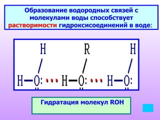 Образование водородных связей с молекулами воды способствует  растворимости  гидроксисоединений в воде :    Гидратация молекул ROH 