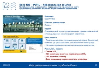 Кейс №6 –  PURL –  персональная ссылка E -mail  рассылка со ссылкой на персональную страничку на сайте существенно увеличила отклик по акции компании  Ideal Printers Компания Ideal Printers   Область деятельности Печать Проект Создание новой услуги и привлечение на семинар посетителей с помощью разных каналов директ- маркетинга.  Цель проекта - Привлечь клиентов и потенциальных клиентов на бесплатный семинар, где рассказывалось о возможностях новой услуги  - Наглядно продемонстрировать возможности новой услуги Результаты проекта - Отклик 35% - 23% заполнили анкету на персональном  URL   - 14% посетили семинар - Двое пришедших на семинар стали клиентами 
