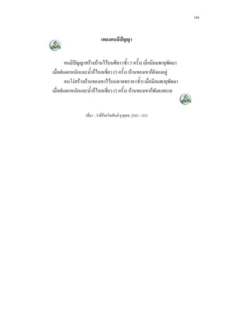 184



                             เพลงคนมีปญญา


       คนมีปญญาสรางบานไวบนศิลา (ซ้ํา 3 ครั้ง) เมี่อมีลมพายุพัดมา
เมื่อฝนตกหนักและน้ําก็ไหลเชี่ยว (3 ครั้ง) บานของเขาก็ยังคงอยู
       คนโงสรางบานของเขาไวบนหาดทราย (ซ้ํา) เมื่อมีลมพายุพัดมา
เมื่อฝนตกหนักและน้ําก็ไหลเชี่ยว (3 ครั้ง) บานของเขาก็พังลงทะเล


                  (ที่มา : วาที่รอยโทสันต ยุวยุทธ ,2543 : 123)
 