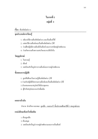 185



                                           ใบงานที่ 1
                                            กลุมที่ 1

เรื่อง เต็นทชนิดตาง ๆ
จุดประสงคการเรียนรู
       1.   อธิบายวิธีกางเต็นทชนิดตางๆ และเก็บเต็นทได
       2.   แสดงวิธีกางเต็นทและเก็บเต็นทชนิดตาง ๆได
       3.   รวมฝกปฏิบัติกางเต็นทเก็บเต็นท และการสาธิตอยูคายพักแรม
                                                              
       4.   รวมกิจกรรมดวยความสนใจและกระตือรือรน

วัสดุอุปกรณ
       1. ใบความรู
       2. เต็นท
       3. บทเรียนสําเร็จรูปการกางเต็นทและการอยูคายพักแรม

ขั้นตอนการปฏิบัติ
       1. ลูกเสือศึกษาใบความรูเต็นทชนิดตาง ๆได
       2. รวมกันปฏิบัติกิจกรรมกางเต็นทและเก็บเต็นทชนิดตาง ๆได
       3. ตัวแทนออกมาสรุปหนาที่ประชุมกอง
       4. ผูกํากับสรุปและแนะนําเพิ่มเติม



เอกสารอางอิง
        อํานาจ ชางเรียน และคณะ ลูกเสือ – เนตรนารี ชั้นประถมศึกษาปที่ 5 สมบูรณแบบ

แหลงศึกษาคนควาเพิ่มเติม
        1. หองลูกเสือ
        2. หองสมุด
        3. บทเรียนสําเร็จรูป การอยูคายพักแรมและการเก็บเต็นท
                                   
 