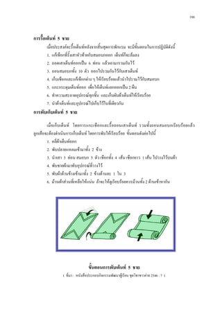 188



การรื้อเต็นท 5 ชาย
       เมื่อประสงคจะรื้อเต็นทหลังจากสิ้นสุดการพักแรม จะมีขั้นตอนในการปฏิบัติดังนี้
       1. แกเชือกที่รั้งเสาหัวทายกับสมอบกออก เต็นทก็จะลมลง
       2. ถอดเสาเต็นทออกเปน 6 ทอน แลวเอามารวมกันไว
       3. ถอนสมอบกทั้ง 10 ตัว ออกไปรวมกันไวกับเสาเต็นท
       4. เก็บเชือกและแกเชือกตาง ๆ ใหเรียบรอยแลวนําไปรวมไวกับสมอบก
       5. แกะกระดุมเต็นทออก เพื่อใหเต็นทแยกออกเปน 2 ผืน
       6. ทําความสะอาดอุปกรณทุกชิ้น และเก็บผับผาเต็นทใหเรียบรอย
       7. นําผาเต็นทและอุปกรณไปเก็บไวในที่เดียวกัน
การพับเก็บเต็นท 5 ชาย
        เมื่อเก็บเต็นท โดยการแกะเชือกและรื้อถอนเสาเต็นท รวมทั้งถอนสมอบกเรียบรอยแลว
ลูกเสือจะตองดําเนินการเก็บเต็นท โดยการพับใหเรียบรอย ขั้นตอนดังตอไปนี้
        1. คลี่ผาเต็นทออก
        2. พับปลายแหลมเขามาทั้ง 2 ขาง
        3. นําเสา 3 ทอน สมอบก 5 ตัว เชือกทั้ง 4 เสน เชือกยาว 1 เสน ไปวางไวบนผา
        4. พับชายผามาทับอุปกรณท่วางไว
                                     ี
        5. พับผาดานขางเขามาทั้ง 2 ขางดานละ 1 ใน 3
        6. มวนผาสวนที่เหลือใหแนน ถาจะใหดูเรียบรอยควรมวนทั้ง 2 ดานเขาหากัน




                                 ขั้นตอนการพับเต็นท 5 ชาย
                ( ที่มา : หนังสือประกอบกิจกรรมพัฒนาผูเรียน ชุดวิชาชาวคาย 2546 : 7 )
 