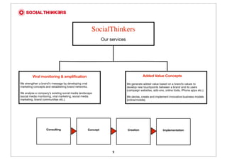 SocialThinkers
                                                                Our services




         Viral monitoring & ampliﬁcation                                                   Added Value Concepts

We strengthen a brand’s message by developing viral                            We generate added value based on a brand’s values to
marketing concepts and establishing brand networks.                            develop new touchpoints between a brand and its users
                                                                               (campaign websites, add-ons, online tools, iPhone apps etc.).
We analyse a company’s existing social media landscape
(social media monitoring, viral marketing, social media                        We devise, create and implement innovative business models
marketing, brand communities etc.).                                            (online/mobile).




                    Consulting                        Concept                  Creation                    Implementation




                                                                     9
 