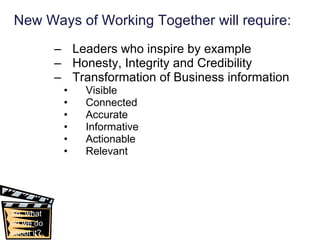 New Ways of Working Together will require: Leaders who inspire by example Honesty, Integrity and Credibility Transformation of Business information Visible Connected Accurate Informative Actionable Relevant So, what do we do about it? 