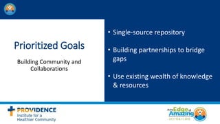 Prioritized Goals
Building Community and
Collaborations
• Single-source repository
• Building partnerships to bridge
gaps
• Use existing wealth of knowledge
& resources
 