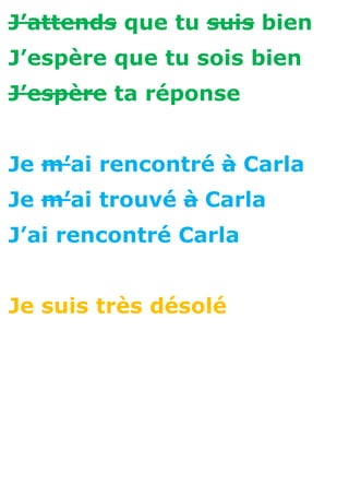 J’attends que tu suis bien
J’espère que tu sois bien
J’espère ta réponse
Je m’ai rencontré à Carla
Je m’ai trouvé à Carla
J’ai rencontré Carla
Je suis très désolé