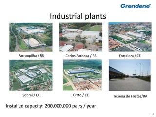 14
Industrial plants
Farroupilha / RS Carlos Barbosa / RS Fortaleza / CE
Sobral / CE Crato / CE
Installed capacity: 200,000,000 pairs / year
Teixeira de Freitas/BA
 