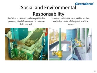 22
Social and Environmental
Responsability
PVC that is unused or damaged in the
process, plus leftovers and scraps are
fully reused.
Unused paints are removed from the
water for reuse of the paint and the
water.
 
