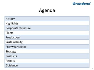 3
Agenda
History
Highlights
Corporate structure
Plants
Production
Sustainability
Footwear sector
Strategy
Products
Results
Guidance
 