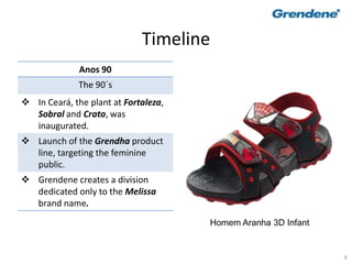 6
Timeline
Anos 90
The 90´s
 In Ceará, the plant at Fortaleza,
Sobral and Crato, was
inaugurated.
 Launch of the Grendha product
line, targeting the feminine
public.
 Grendene creates a division
dedicated only to the Melissa
brand name.
Homem Aranha 3D Infant
 