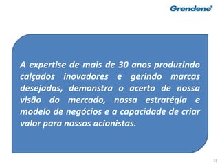 31
A expertise de mais de 30 anos produzindo
calçados inovadores e gerindo marcas
desejadas, demonstra o acerto de nossa
visão do mercado, nossa estratégia e
modelo de negócios e a capacidade de criar
valor para nossos acionistas.
 